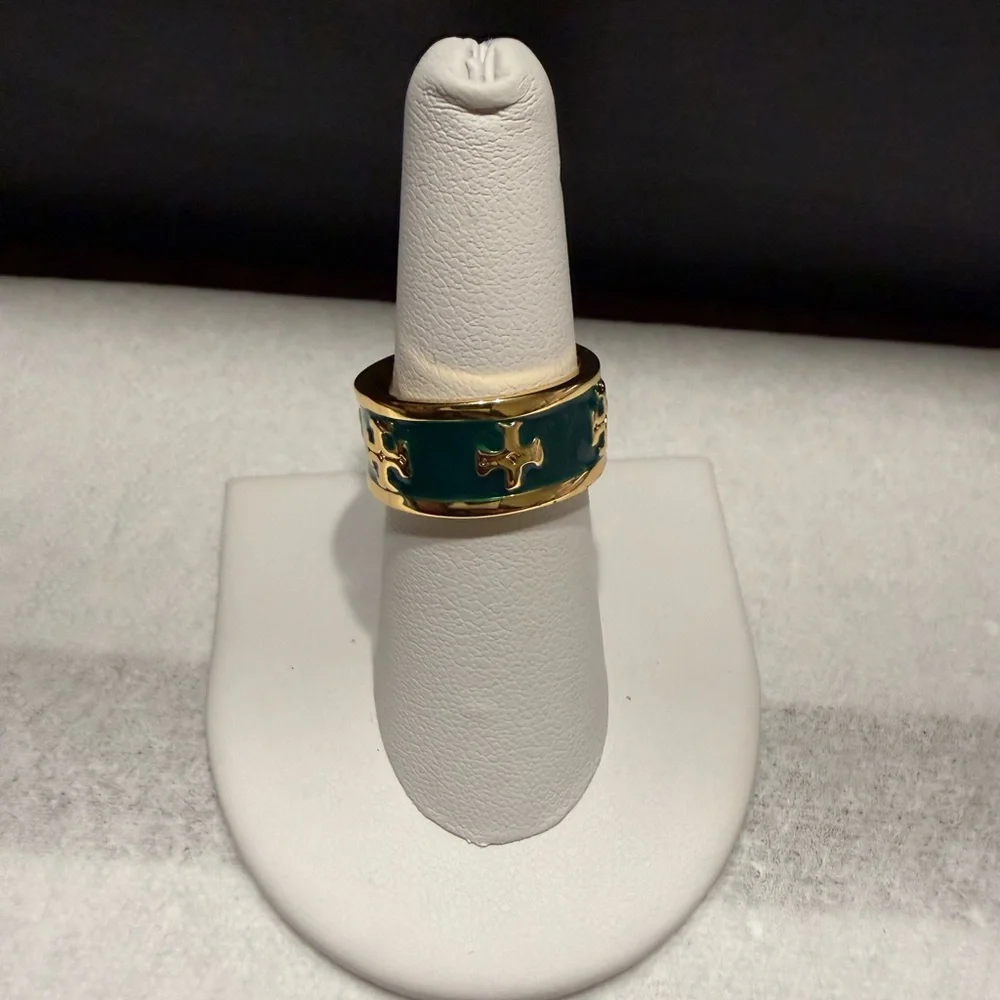 NEW Tory Burch Green Gold size 7 Kira Junky Multi Logo Ring